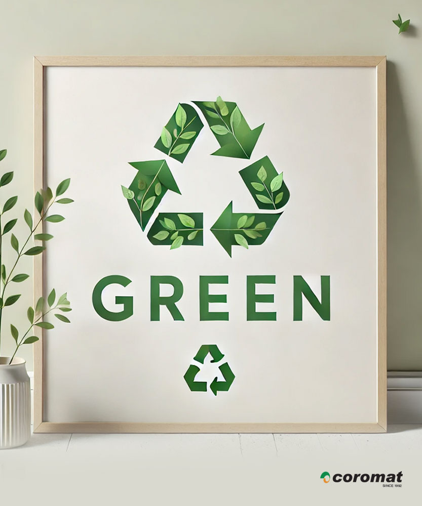 a white frame with green recycle logo and leaves in it